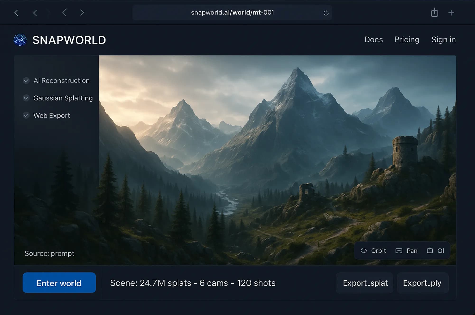 Тизер интерфейса SNAPWORLD: иллюстрация окна просмотра 3D-сцены с кнопками экспорта в .splat и .ply